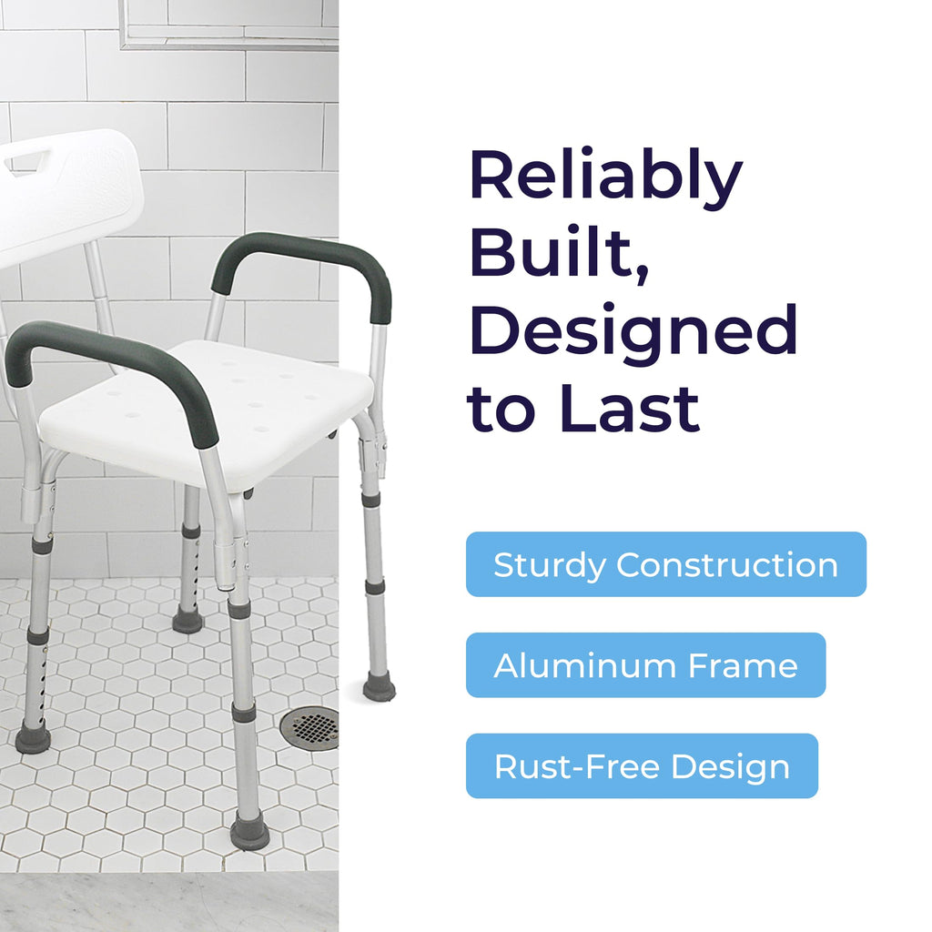 Drive Medical Shower Chair with Back & Padded Arms - Adjustable Height Bath Seat for Safety & Comfort - Lightweight Aluminum Construction- 350 Lb Capacity - White