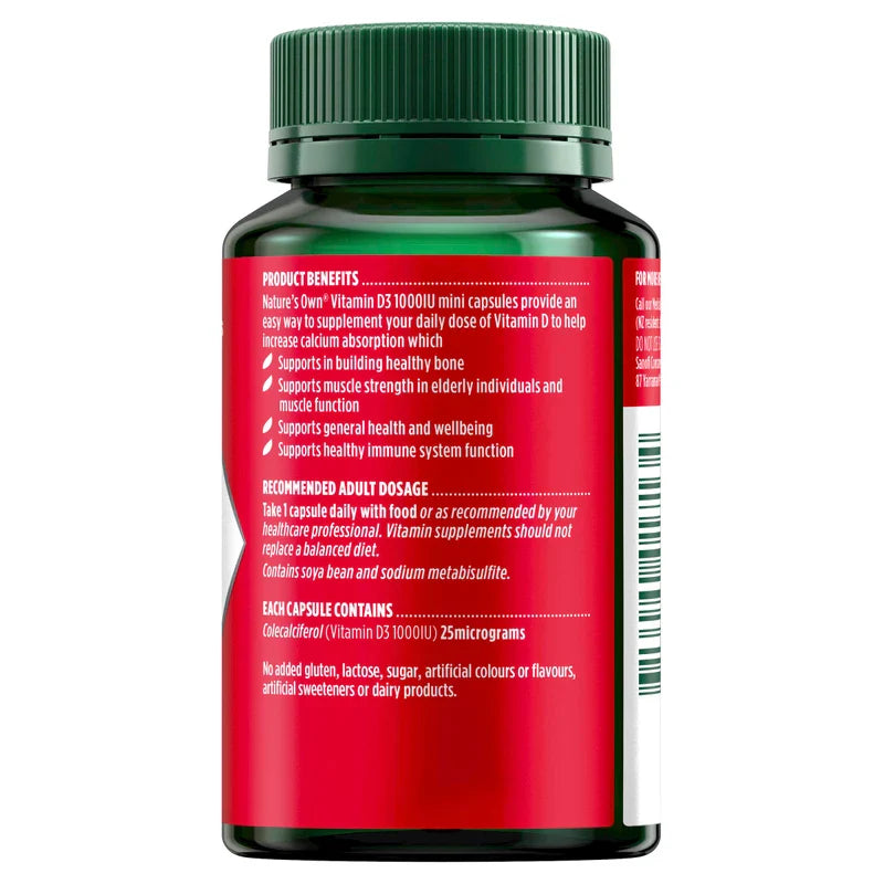 Nature's Own Vitamin D 1000IU Capsules 200 - Aids Calcium Absorption - Supports healthy Immune System Function, Bone health, Muscle Strength in the Elderly, & Muscle Function - High Strength