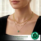 WomenGifts May Created Emerald (Deep Green) Layered Necklace Set, 14K Gold Plated Birthstone Pendant with Choker Cuban Link & Satellite Chain, Personalized Jewelry Gift
