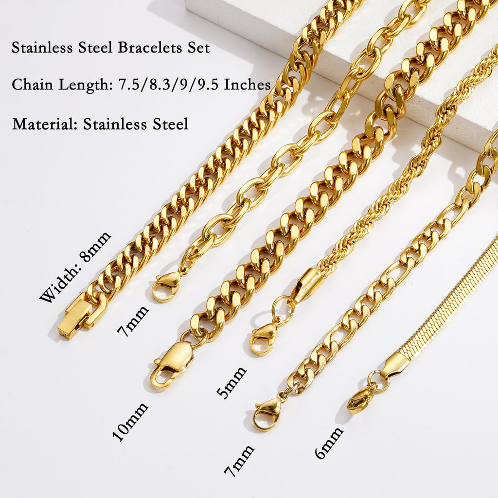 Zocomi Gold Plated Chain Bracelets for Men Stainless Steel Cuban Link Figaro Herringbone Rope Chains Wrist Band Metal Bracelet Set Jewelry Gifts Him Male Oro Pulsera Para Hombres 7.5 Inches