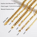 Zocomi Gold Plated Chain Bracelets for Men Stainless Steel Cuban Link Figaro Herringbone Rope Chains Wrist Band Metal Bracelet Set Jewelry Gifts Him Male Oro Pulsera Para Hombres 7.5 Inches