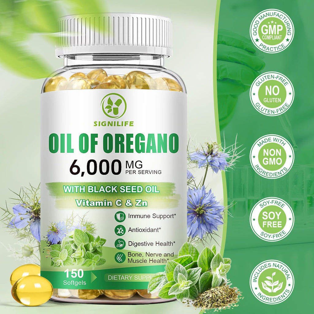 SIGNILIFE Oil of Oregano with Black Seed Oil, 6000mg Oregano Oil Capsules for Immune Support with High Carvacrol & Thymoquinone, Antioxidant, Non-GMO, Gluten Free, 150 Softgels
