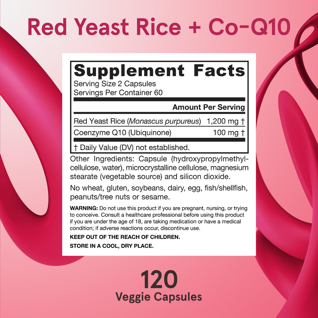 Jarrow Formulas Red Yeast Rice 1200 mg & CoQ10 100 mg Per Serving - 120 Veggie Caps, 60 Servings - Herbal Heart Health Dietary Supplement - Supports Cardiovascular & Cellular Health - Vegan