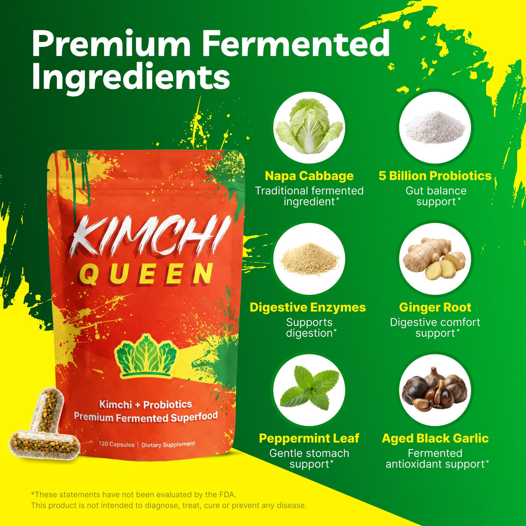 Premium Fermented Kimchi Supplement Capsules | Gut Health, Digestion, Debloat & Gut Balance Support | 5 Billion CFU Probiotics & Digestive Enzymes | Delayed Release Beadlets | 120 Vegan Capsules