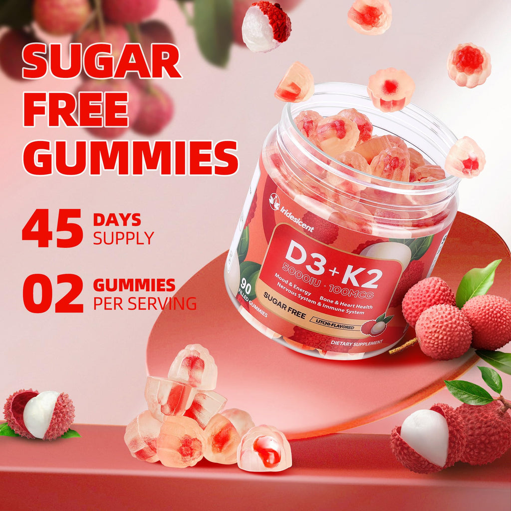 Vitamin D3 K2 Gummies w/Magnesium Sugar Free - 90 Count | D3 Vitamin 5,000 IU + K2(MK-7) 100 mcg - Vegan K2 D3 Vitamin Supplement, Highly Absorbent Supports Bone, Muscle, Mood & Immune(Lychee Flavor)
