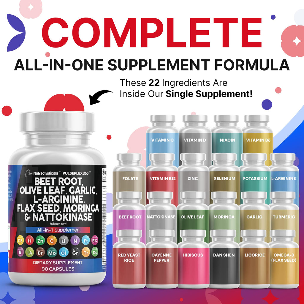 Clean Nutraceuticals Beet Root Capsules Olive Leaf Nattokinase Garlic Extract L-Arginine Omega 3 Red Yeast Rice Hibiscus Danshen - Healthy Support Supplement - 90 Ct
