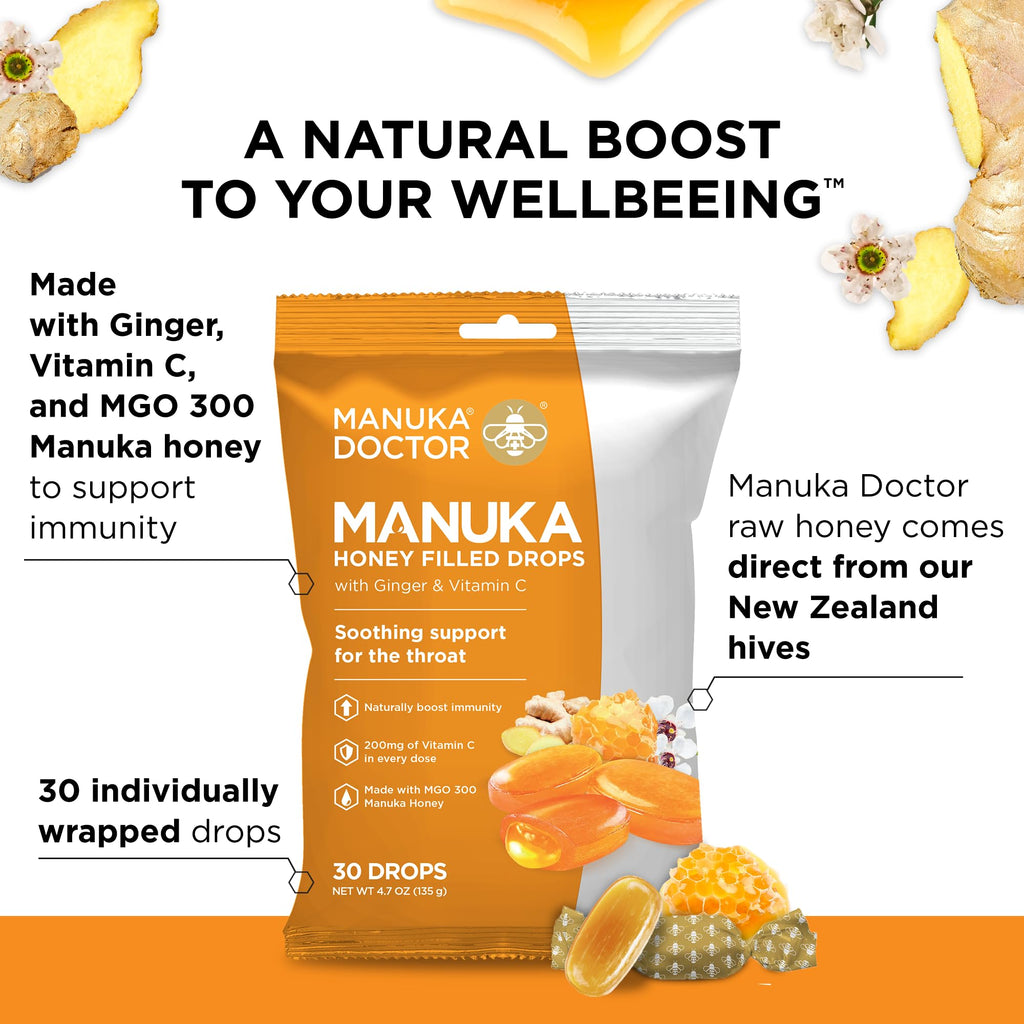 Manuka Doctor Cough Drops, Manuka Middles, 30 Drops (Pack of 4) Throat Lozenges Infused with Raw Manuka Honey, Vitamin C & Ginger for Immune Support, Helps Soothe Sore Throat