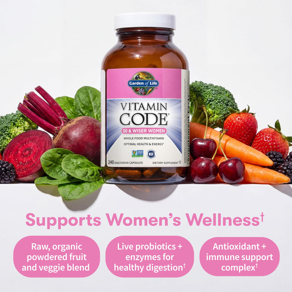 Garden of Life Vitamin Code Multivitamin for Women 50 & Over, B Vitamins, A, C, D3, E & K, CoQ10, Probiotics & Enzymes, for Women 50 Plus, 240 Capsules