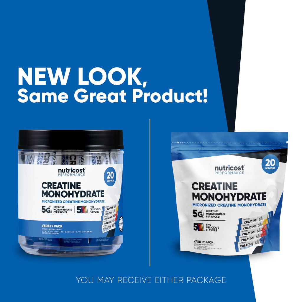 Nutricost Creatine Monohydrate Powder Variety Stickpacks (5 Flavors, 20 Servings) - Micronized, 5 Grams of Creatine Monohydrate Per Pack