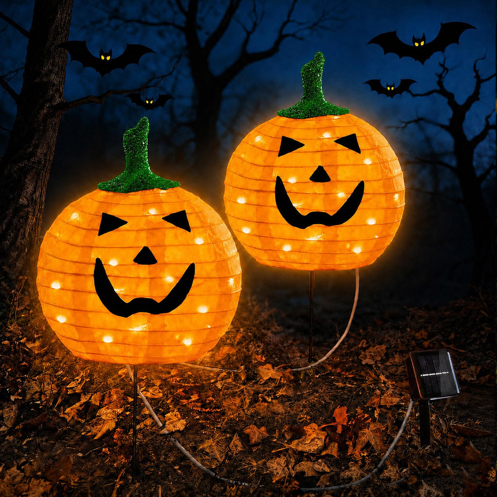 Solar Halloween Pumpkin Lights, 2 Pack Outdoor Pathway Stake Lights