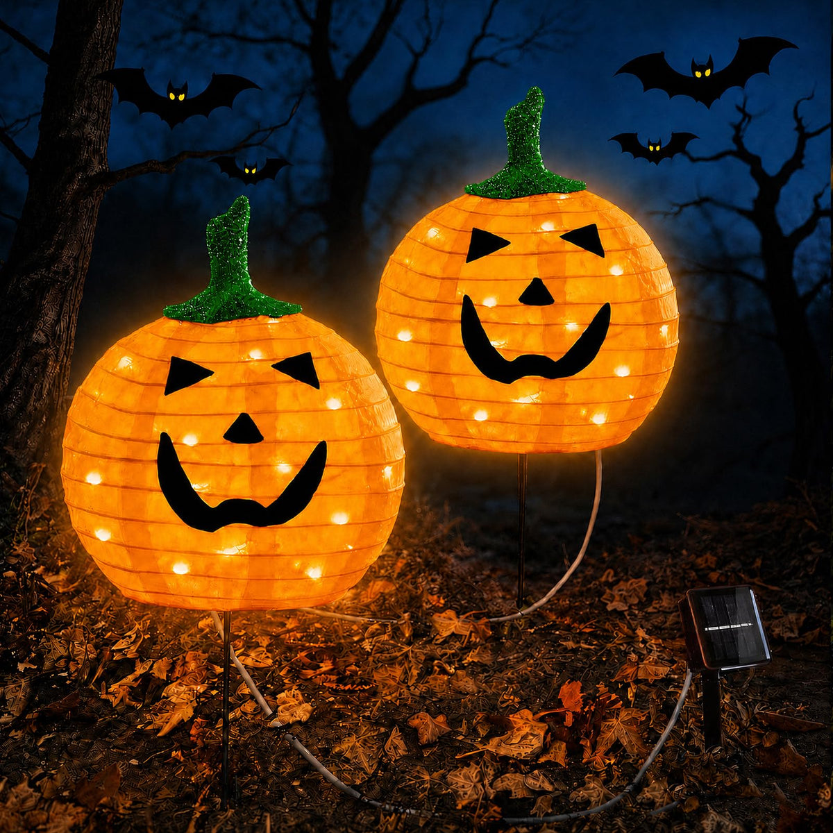 Solar Halloween Pumpkin Lights, 2 Pack Outdoor Pathway Stake Lights