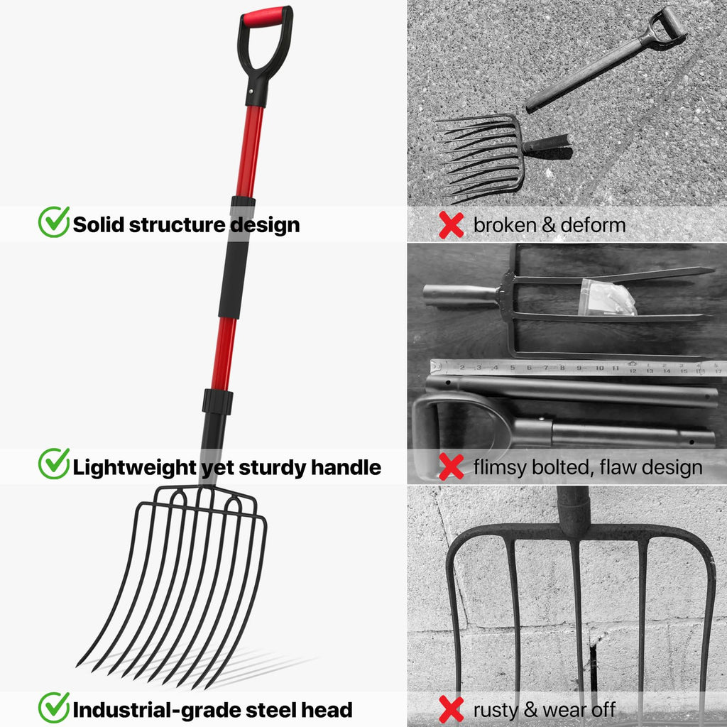 COSITA Pitch Fork for Garden, Wide Pitchfork with 10 Metal Tines, Heavy Duty Garden Fork with Fiberglass Handle 44-Inches, Chicken Coop Pitchforks for Manure, Mulching, Composting, Red