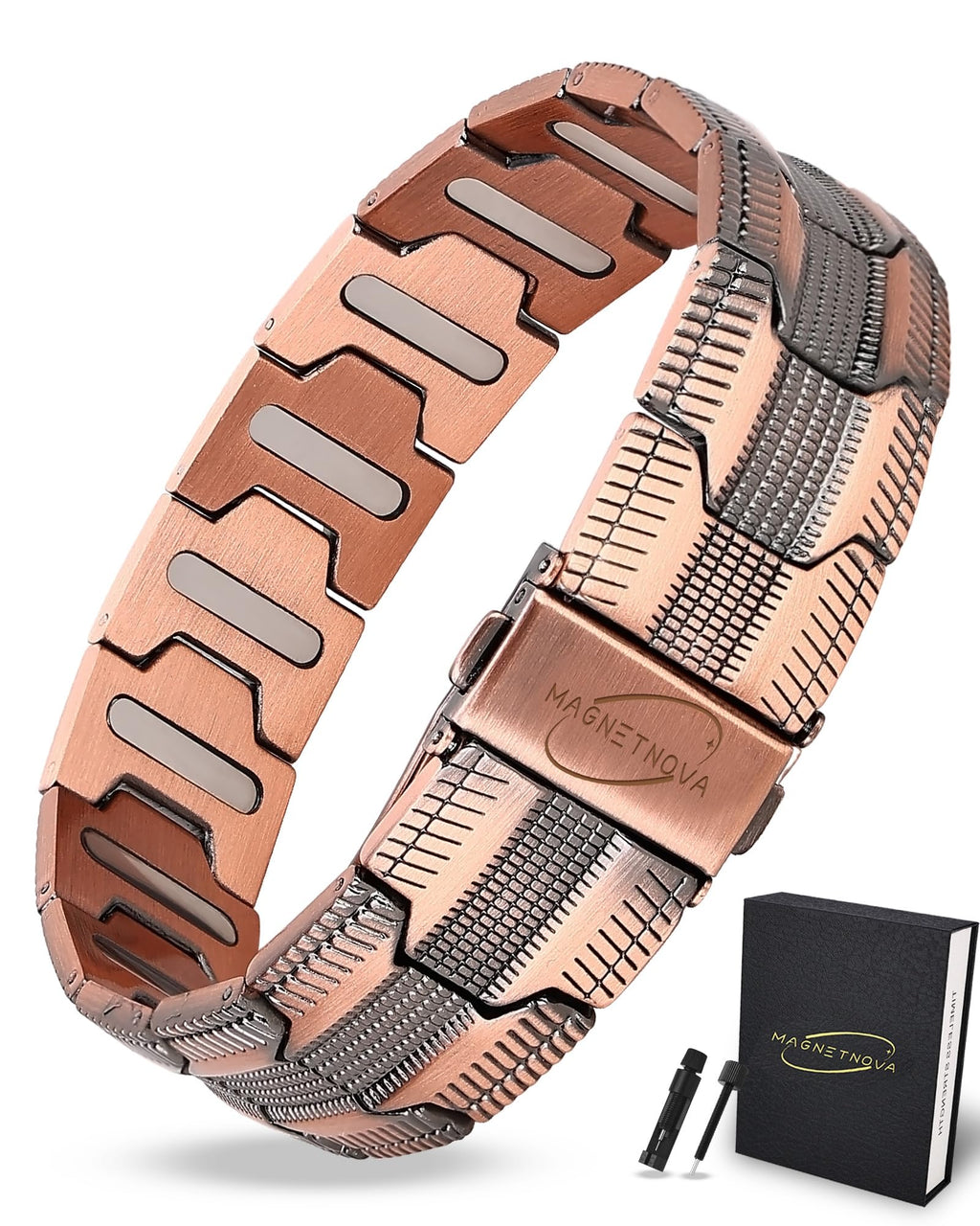 MagnetNova Ultra Strength Magnetic Bracelets for Men, 99.99% Pure Copper Bracelet with 5000 Gauss Magnets, Adjustable Size with Sizing Tool & Gift Box (Copper-21mm)