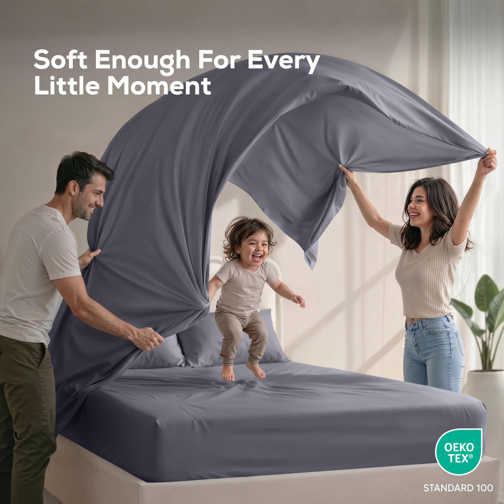 Full Sheets Set, 4 Pieces 16" Deep Pocket Hotel Luxury Bed Sheets, Grey
