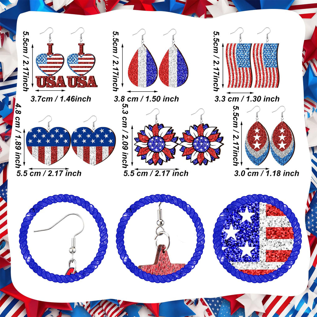 Landical 30 Pairs Glitter 4th of July Patriotic Earrings Bulk for Women Double Sided Print 250th Anniversary Independence Day Wooden Earring American Flag Red White Blue Jewelry Gift for Party