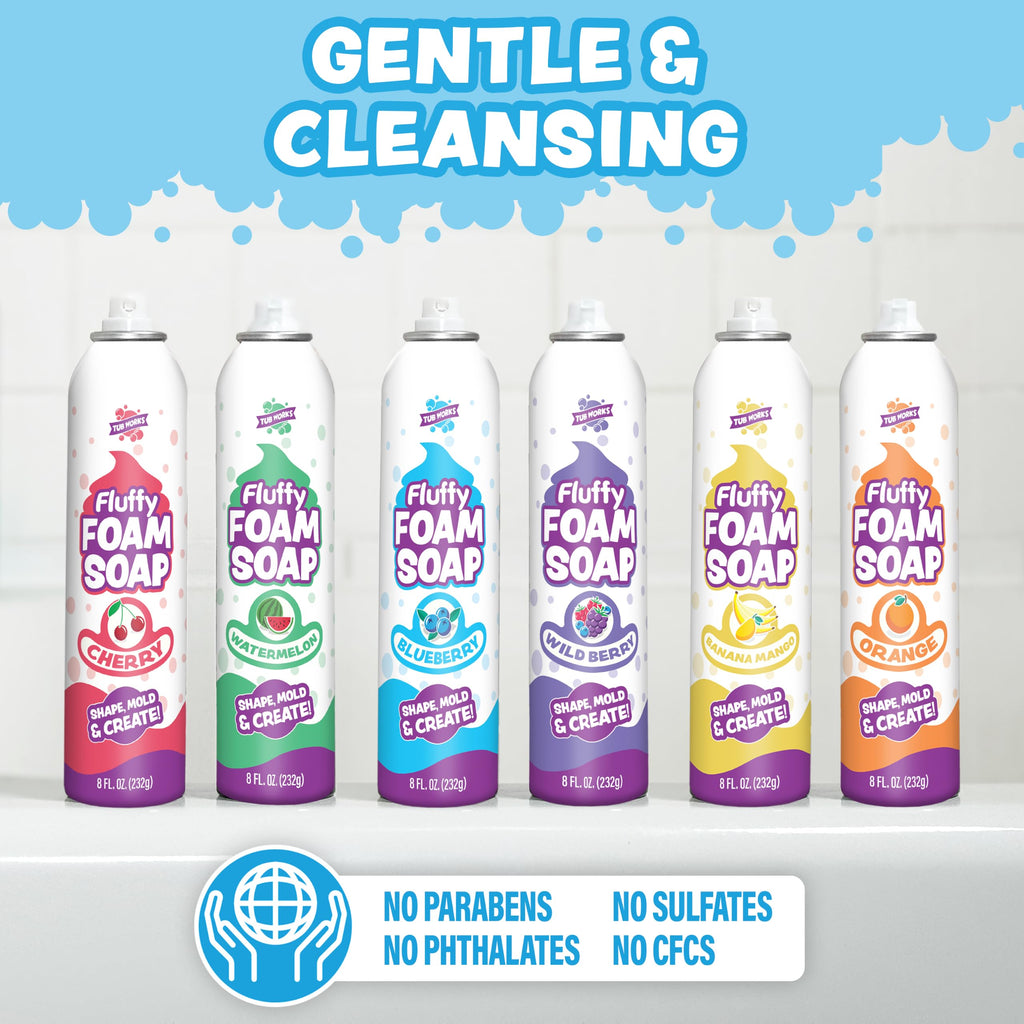 Tub Works® Fluffy Foam Soap, Variety 6 Pack | Shape, Mold & Create Bath Art with Soft Bath Foam for Kids | Gentle, Cleansing Kids Bath Soap | Easy-to-Use Spray Nozzles | Fruity, Fun Bath Colors
