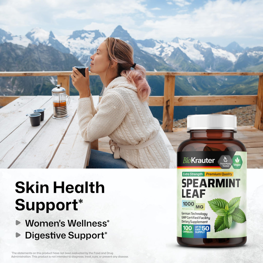 BIO KRAUTER® Spearmint Capsules for Skin Support - Vegan & Pure Spearmint Supplement 1000 mg - Used for Women’s Wellness & Digestive Support - No Fillers, Non-GMO - 50 Days of Supply, 100 Capsules