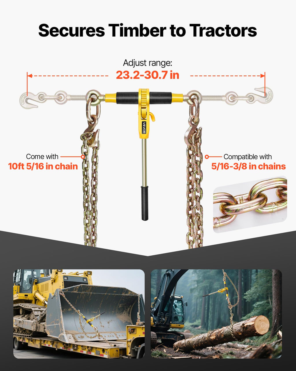 VEVOR Ratchet Chain Binder, 5/16 in x 10 ft G80 Chains, 8000 lbs Working Load of Ratchet Load Binder, Chains and Binders Set, Tie Down Hauling Chain Binders for Hauling, Towing, Logging, Lifting