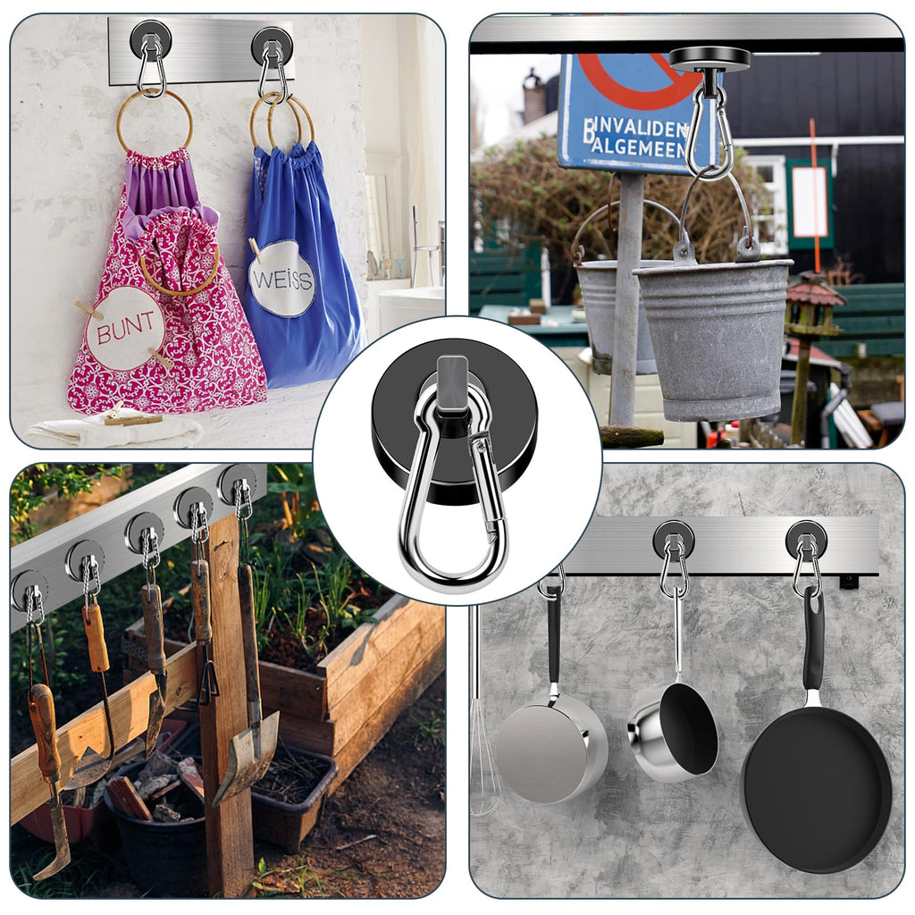 MIKEDE Strong Magnetic Hooks Heavy Duty, 200LBS+ Black Swivel Neodymium Magnets with Carabiner Hook, Hooks for Hanging, Curtain - 4 Pack
