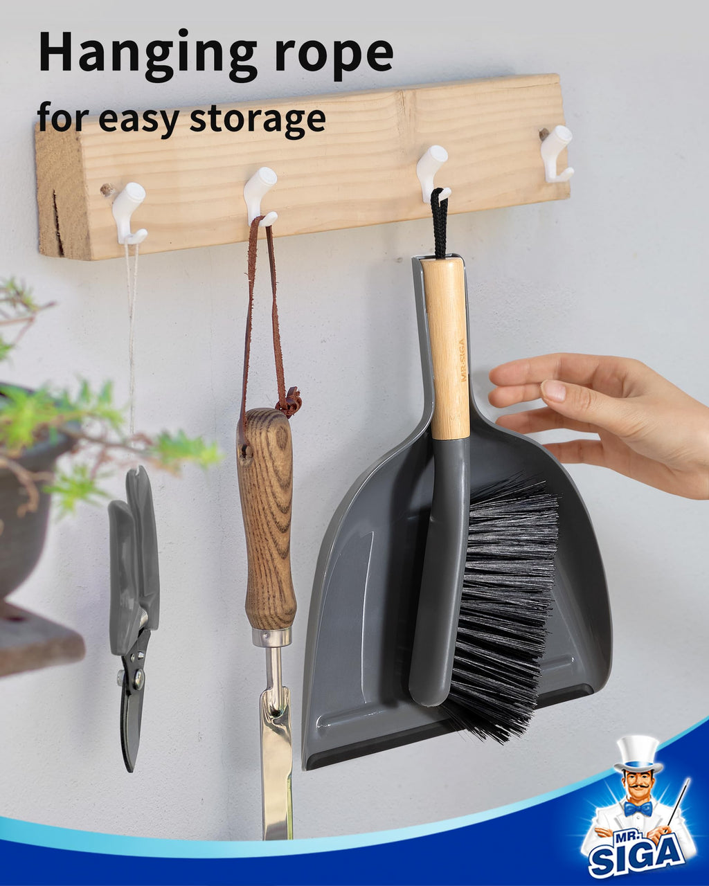 MR.SIGA Dustpan and Brush Set, Portable Cleaning Brush and Dustpan Combo with Bamboo Handle, Gray, 1 Set
