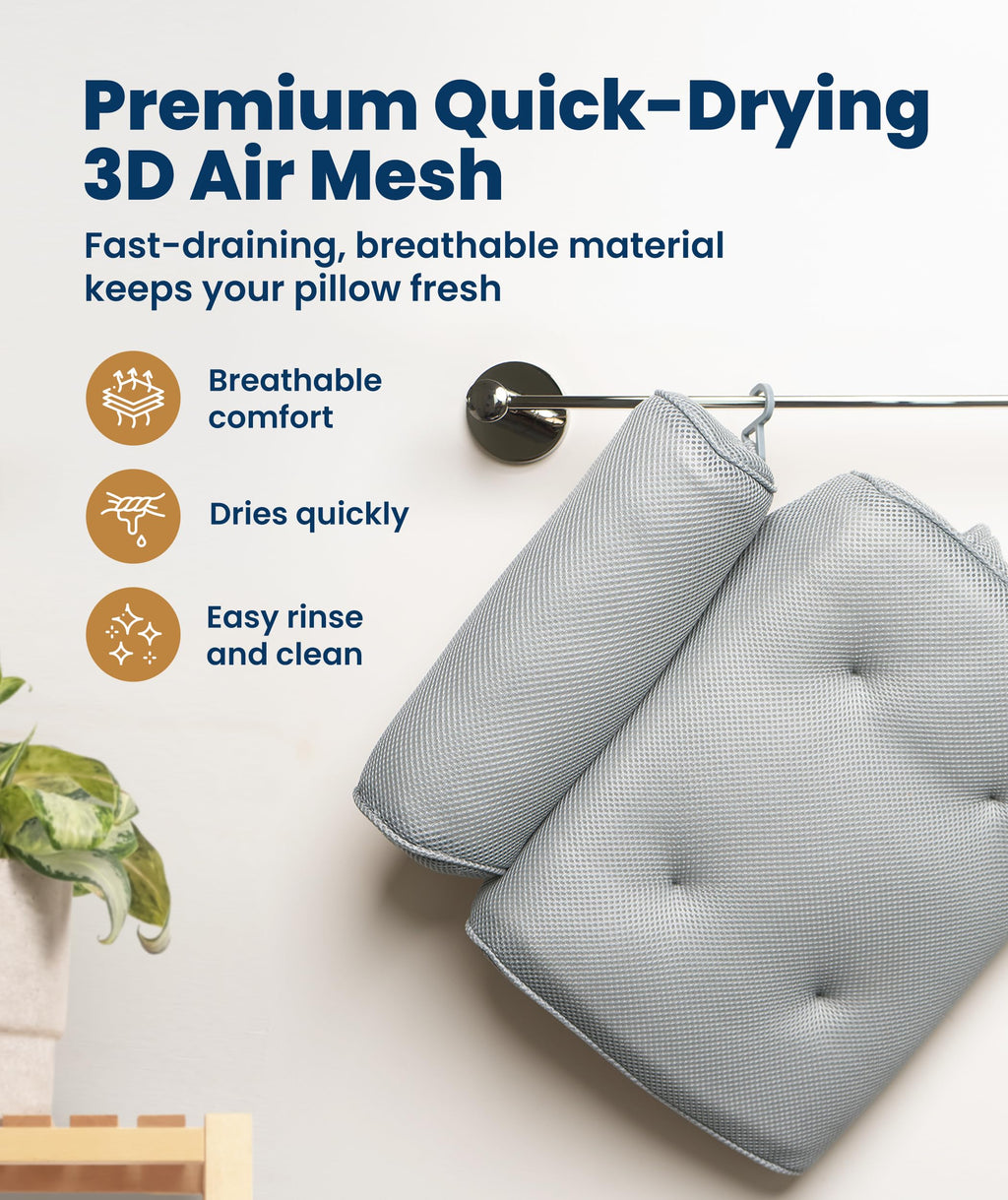 Everlasting Comfort Luxury Bath Pillows for Tub with Head and Neck Support - Non-Slip Bathtub Pillow with Suction Cups, Quick-Drying Mesh & Drying Hook - Jacuzzi & Spa Accessories for Women - Gray