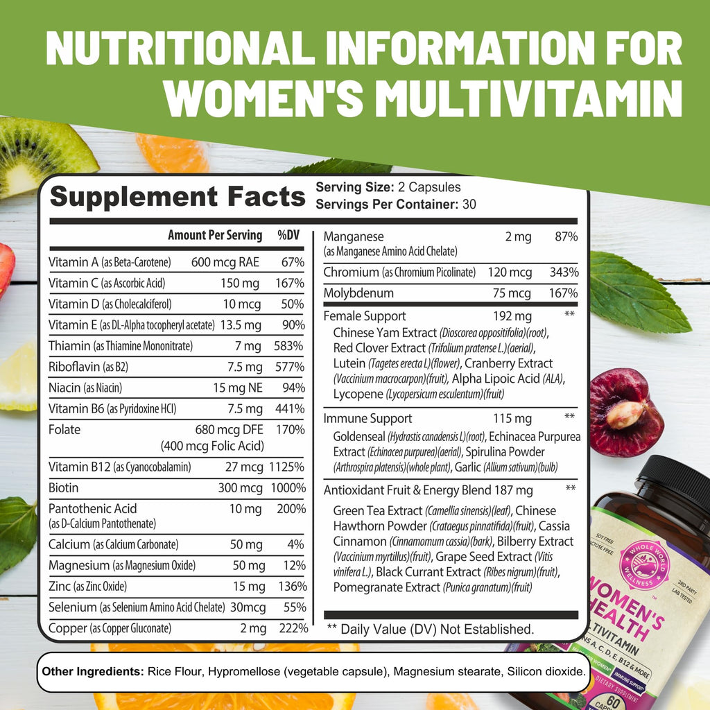 WHOLE WORLD WELLNESS Womens Daily Multivitamin Multimineral Supplement for Energy, Mood, Focus, Hair, Skin & Nails. Made for Women with 30+ Nutrients, Fruit & Energy Blend. Womens Vitamins, USA Made.