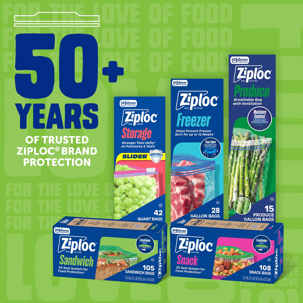 Ziploc Sandwich and Snack Bags with EasyGuide Texture, Plastic Storage Bags with Grip 'n Seal Technology, 105 Bags Total