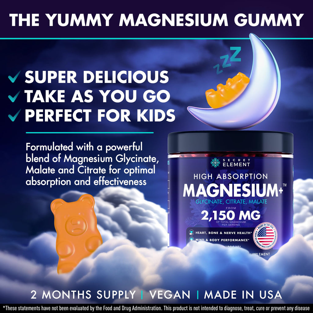 Secret Element Magnesium Glycinate 2150MG Gummies for Women and Men, High Absorption Magnesium Glycinate, Citrate, Malate Gummies for Adults & Kids, Sleep Support, Sugar Free, Vegan, 60 Chews, Orange