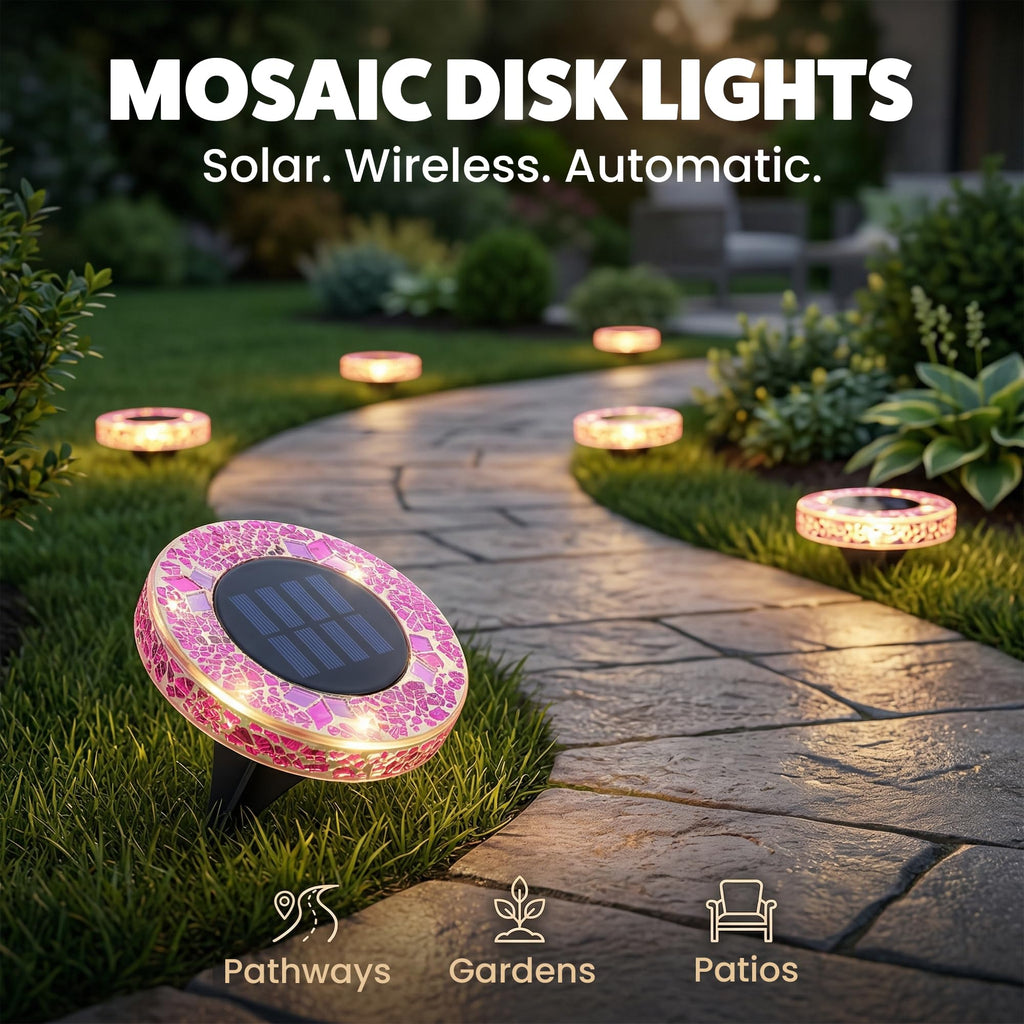 Bell+Howell 4 Pk Mosaic LED Solar Lights Outdoor Disk Pathway Lights for Landscape, Yard, Driveway, Patio, Walkway Path, Dusk to Dawn Sensors - Rose Pink