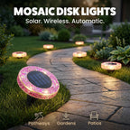 Bell+Howell 4 Pk Mosaic LED Solar Lights Outdoor Disk Pathway Lights for Landscape, Yard, Driveway, Patio, Walkway Path, Dusk to Dawn Sensors - Rose Pink