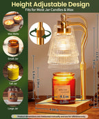 Height Adjustable Candle Warmer Lamp with Timer, 3 Dimmable Wax Melt Warmer, Birthday Gifts for Women Mom, House Warming Gifts New Home Decor, Candle Warmer for Jar Candles with 2 Bulbs, Gold-Clear