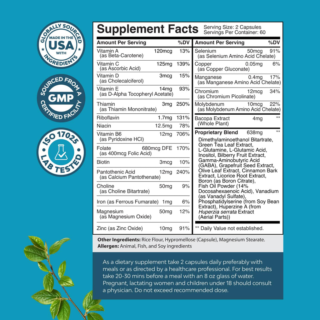 Nootropic Brain Supplement for Memory and Focus Support - Vitamins for Mental Support & Clarity with Bacopa Monnieri, VIT A, B6, Riboflavin, Niacin, Thiamin & Folate - Cognitive Complex - 120 Ct