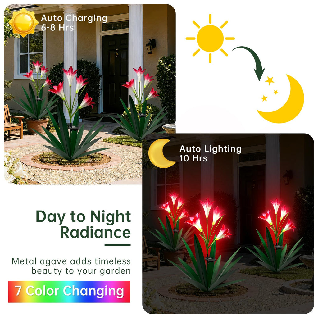 Homight Solar Metal Agave Lily Flower Garden Sculpture with LED Lights 30.3 Inch Waterproof Outdoor/Indoor Yard Decor Handmade Lawn Ornament Gift for Family Friends (2, Grass Green)