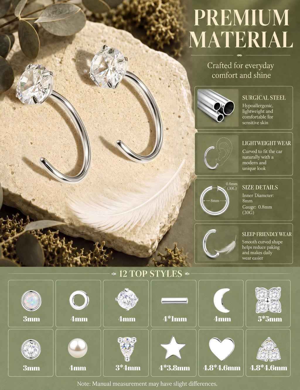 SAILIMUE 12Pair Hypoallergenic Huggie Half Hoop Earrings Backless for Women