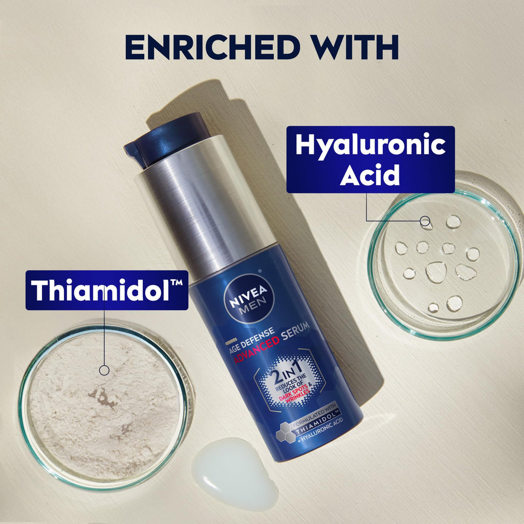 NIVEA MEN Age Defense Advanced Face Serum for Dark Spots with Thiamidol (TM) + Hyaluronic Acid, Fast-Absorbing Face Serum for Men Helps Reduce Look of Dark Spots, Fine Lines & Wrinkles, 1 Fl Oz Bottle