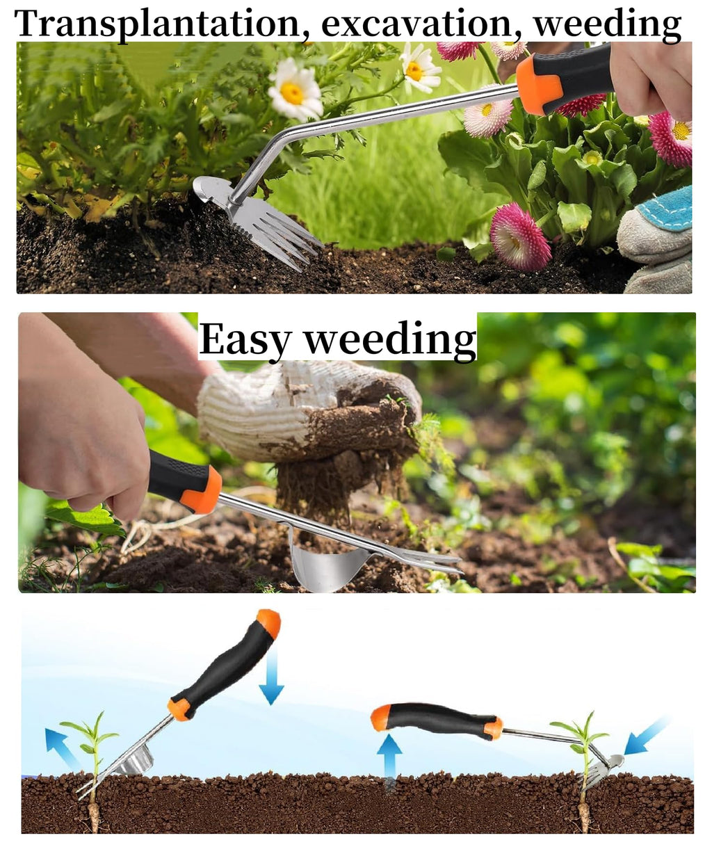 ANGKMA Weed Puller Tool， New Garden Weeder Tool Stainless Steel Hand Weeder Tool,4 Teethes Dual Purpose Weed Remover Tool Weeding Tools for Gardening(2PCS)