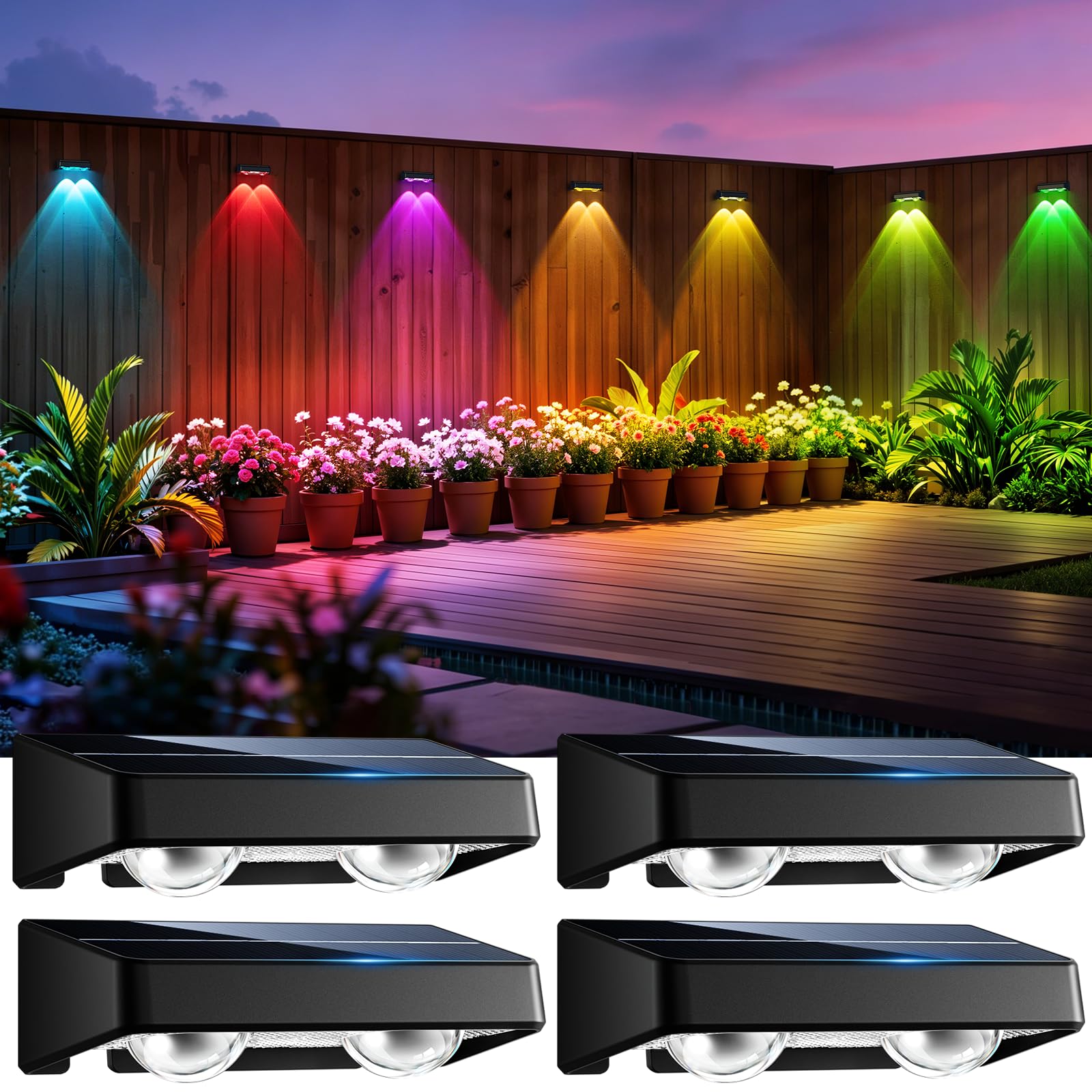 nibuuecer Solar Fence Lights Outdoor, 4 Pack Color Changing Fence Lights Solar Powered with 9 RGB Colors & 11 Lighting Modes, IP65 Waterproof Dusk to Dawn Fence Lights for Patio, Deck, Wall, Backyard