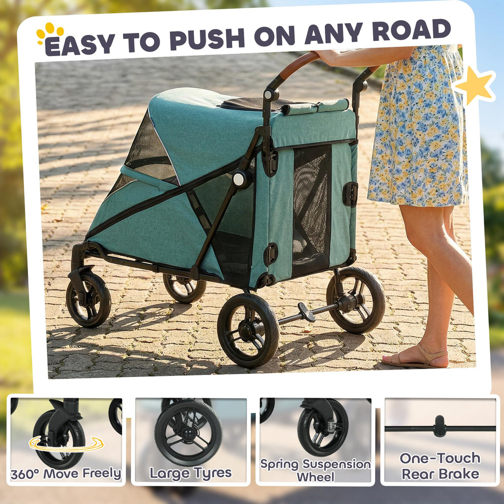 PawHut Dog Stroller for Large Dogs, One-Click Folding 4 Wheel Large Pet Stroller Wagon for Multiple Pets, All Terrain Spring Suspension w/ 8-Position Adjustable Handle, Mesh Window, Up to 66 LBS, Teal