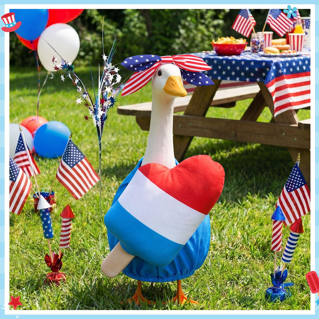 SilTriangle 4th of July Porch Goose Outfit Patriotic Pillow Design with Top Hat for 23" Lawn Cement Goose Independence Day Garden Patio Yard Outdoor Decorations(Ice Lolly)