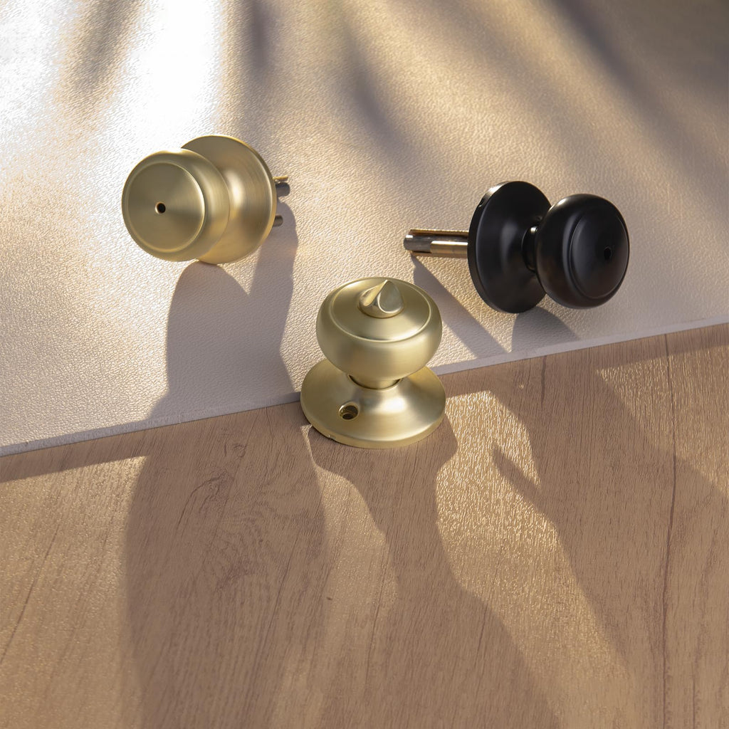 NCSEN 3 Pack Gold Door Knobs,Interior Door Knob with Lock,Coastal Style Satin Brass Door knob for Privacy and Bedroom