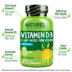 NATURELO Vitamin D - 2500 IU - Plant Based from Lichen - Natural D3 Supplement for Immune System, Bone Support, Joint Health - Vegan - Non-GMO - Gluten Free - 180 Capsules