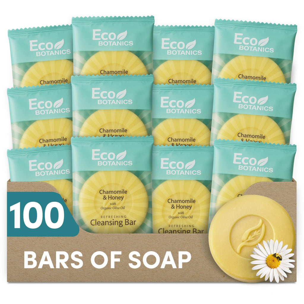 Eco Botanics Travel Size Hotel Cleansing Soap Bar 100 Count 0.5 oz Bottles Guest Amenities for Hotels Vacation Rentals & Short Term Rentals Paraben Free White Tea Scent with Aloe & Olive Oil