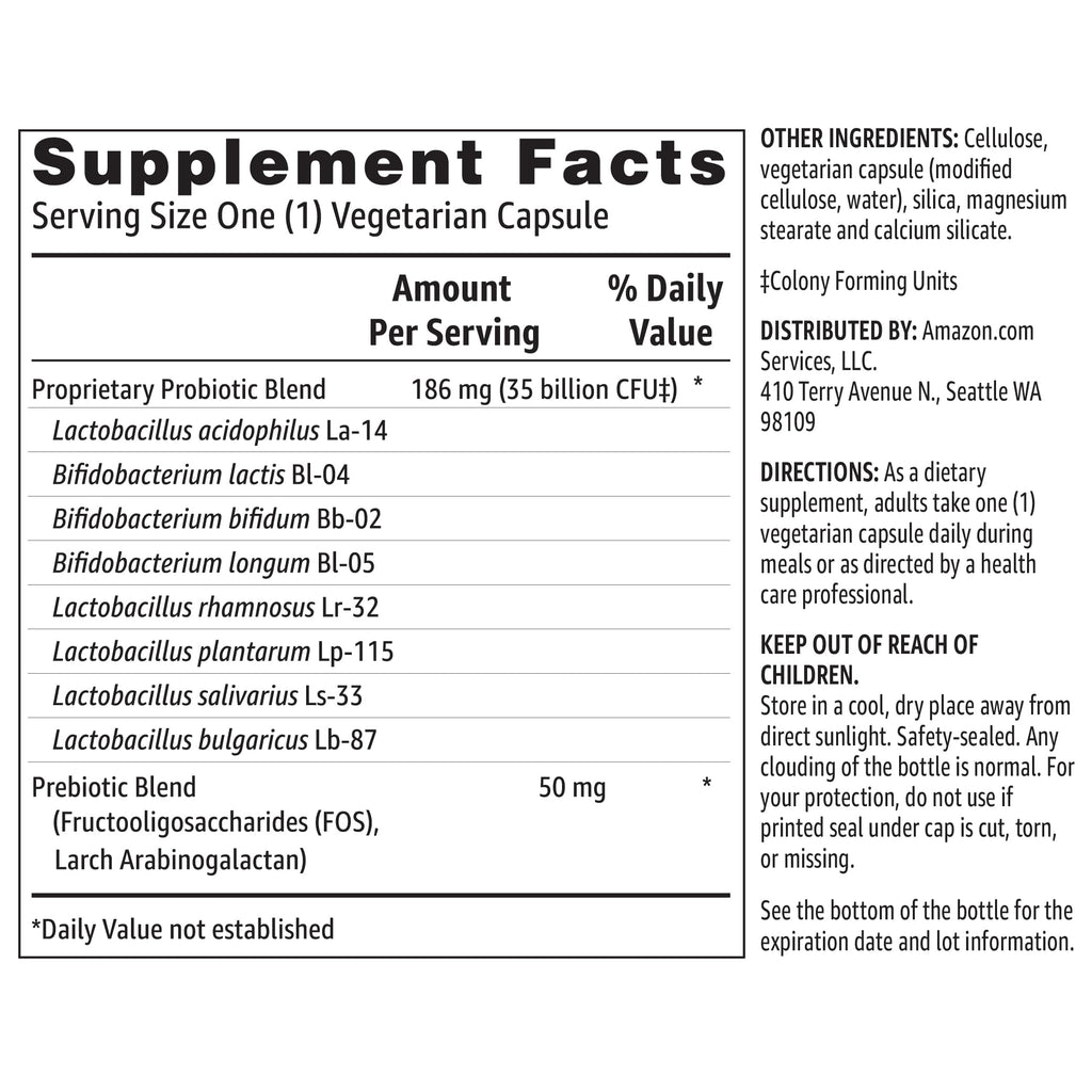 Amazon Basics Probiotic 35 Billion CFU, 8 Probiotic Strains with Prebiotic Blend, Supports Healthy Digestion, 30 Vegetarian Capsules, 1 Month Supply (Previously Solimo) (Pack of 2)