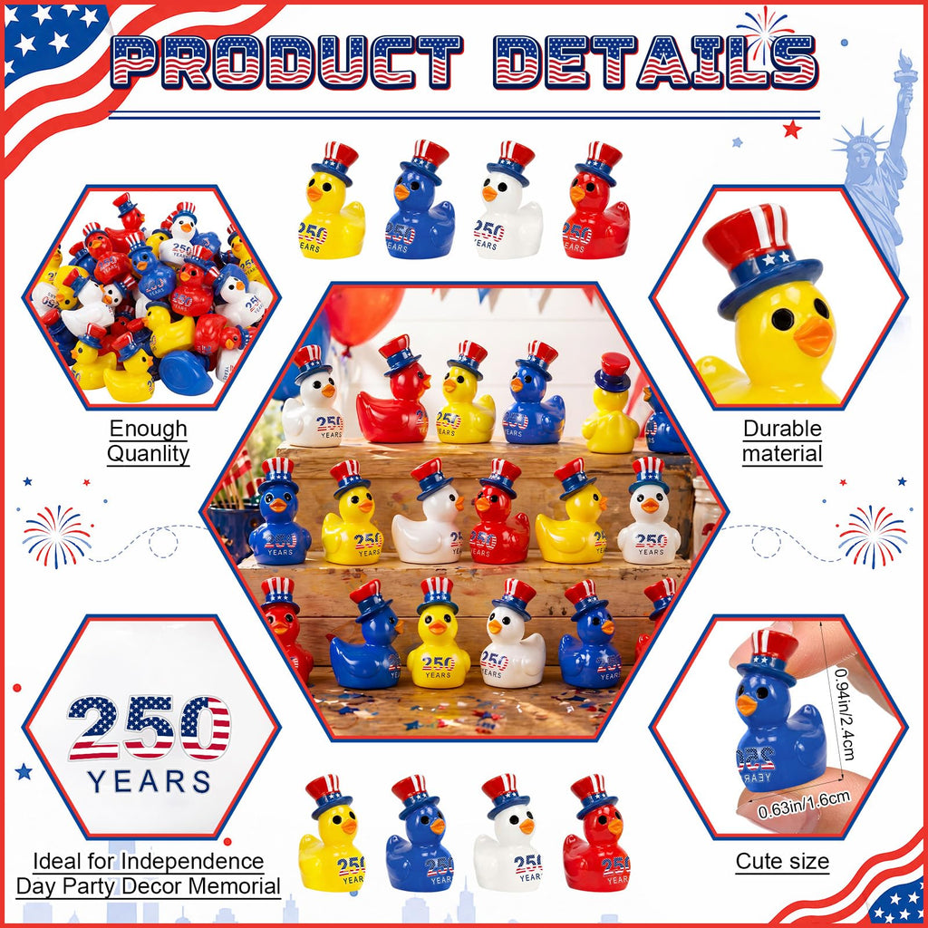Skylety 100 Pcs Patriotic Mini Ducks 4th of July Independence Day Party Decor 250th Anniversary Red White Blue Ducks with Glue Points Garden Potted Miniature Cake Decoration Craft Patriotic Collectors