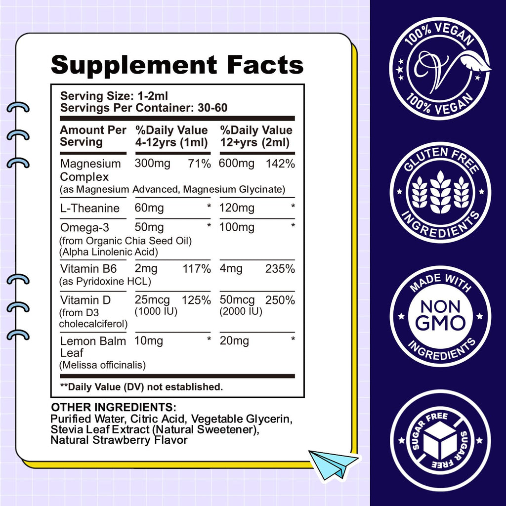 Kids Magnesium Liquid Drops-Magnesium Glycinate Liquid for Kids Supplement-w/L-theanine, Omega-3, Vitamin B6, D3 - for Sleep, Relaxation, Brain, Bones - 2 Fl Oz Children's Calm, Strawberry Flavor