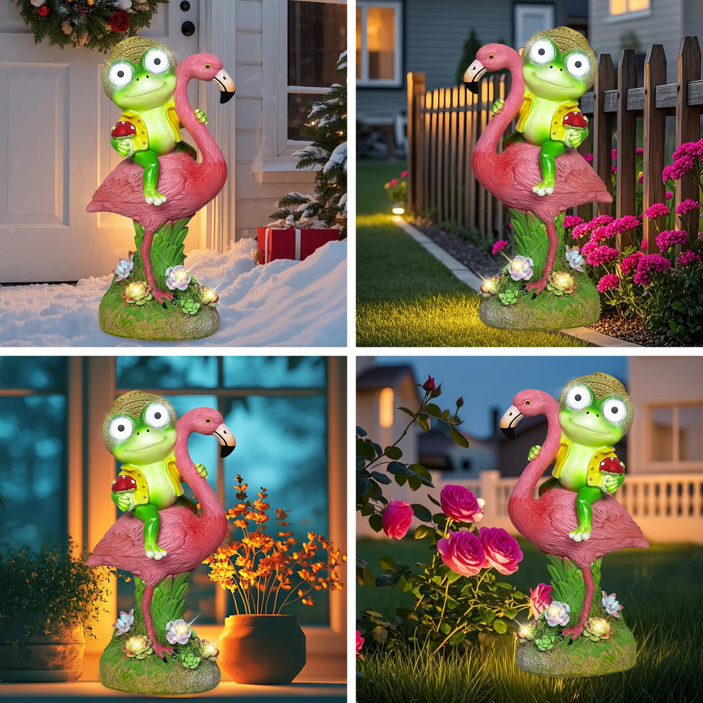 ZFNN Solar Garden Statue Outdoor, Frog Riding Flamingo Decor with LED Eyes