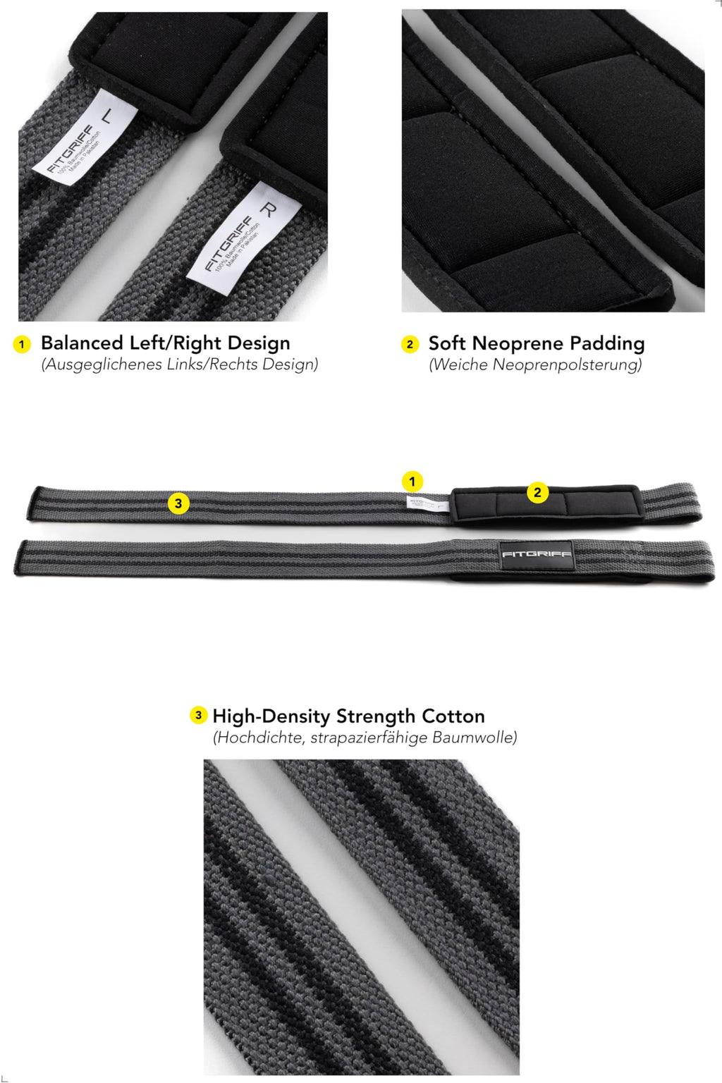 Fitgriff�� Lifting Wrist Straps for Weightlifting, Gym, Deadlift, Workout (Made of Premium Cotton & Padded) - Men & Women (Standard, Grey)
