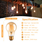 runquiz 2700K Warm Light Edison Bulbs, Vintage Warm Yellow A19 Edison Bulb, Dimmable Amber Led Soft Light Bulbs, Old Style Retro Filament Bulb, 4 Watt, 6 Pack, E26 Base