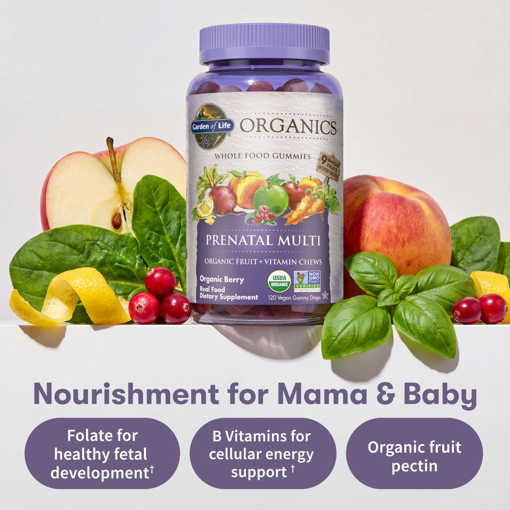 Garden of Life Organics Prenatal Gummies Multivitamin with Vitamin D3, B6, B12, C & Folate for Healthy Fetal Development – Organic, Non-GMO, Gluten-Free, Vegan, Berry Flavor, 30 Day Supply