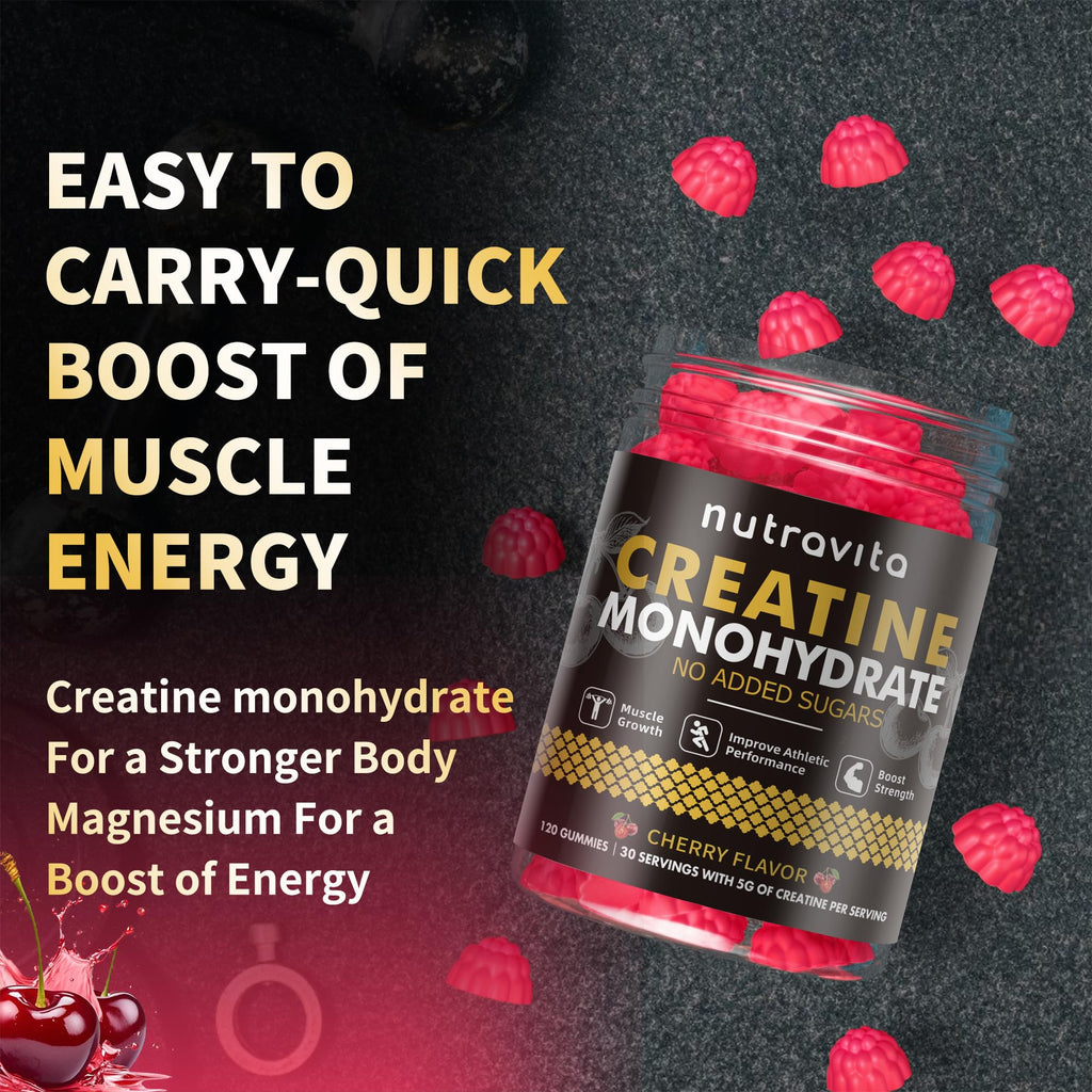 Nutravita NSF Certified Creatine Gummy - Creatine Monohydrate Gummies for Men & Women-5g of Creatine Monohydrate per Serving - Sugar Free,Vegan, Cherry Flavor, 120 Count